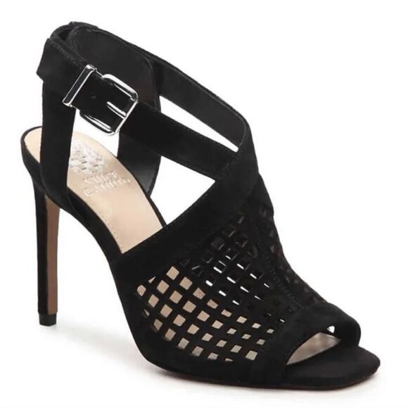 Vince Camuto Peveli Black Perforated Suede Slingback Heels Sz 7 - Picture 1 of 7